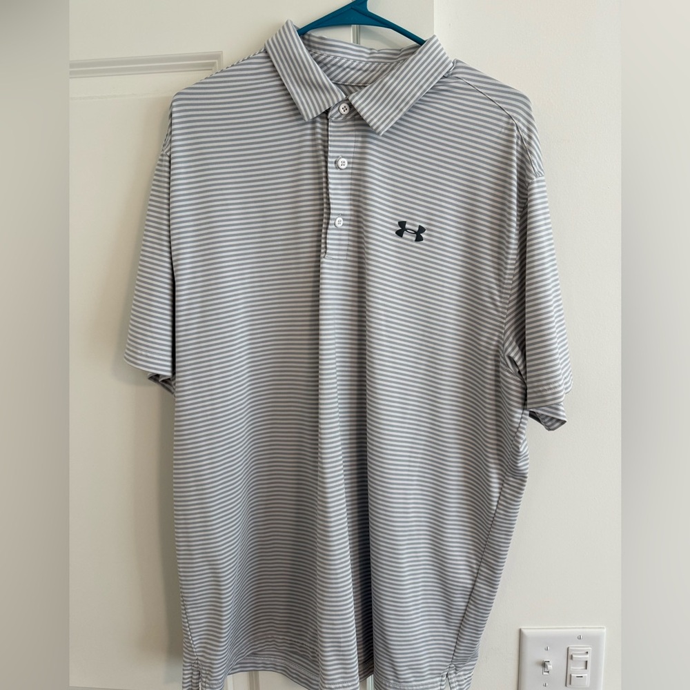 Mens Under Armour Golf Polo - White and Grey Striped - 2XL